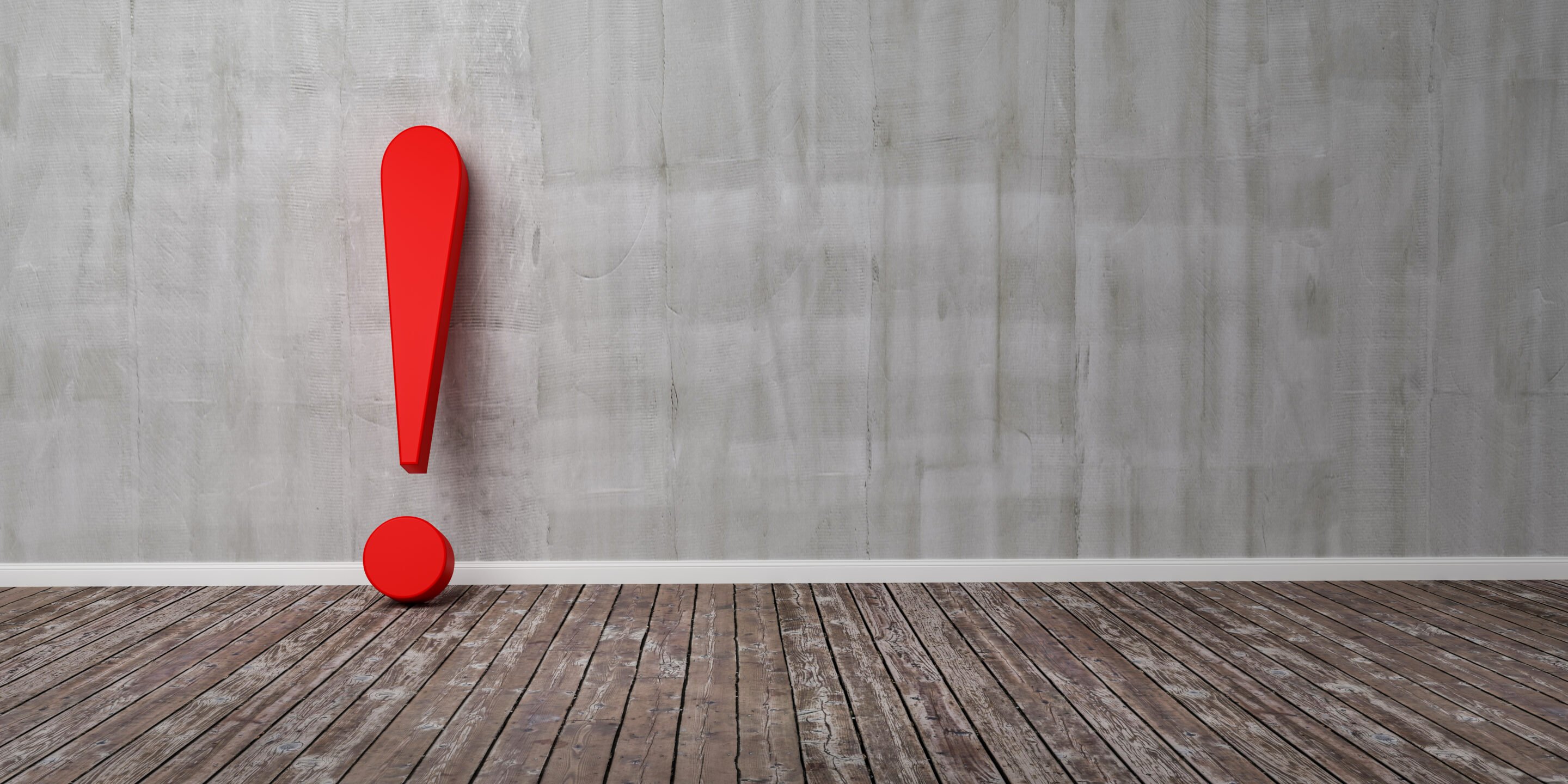 Red exclamation mark on wooden floor and concrete wall 3D Illustration Warning Concept